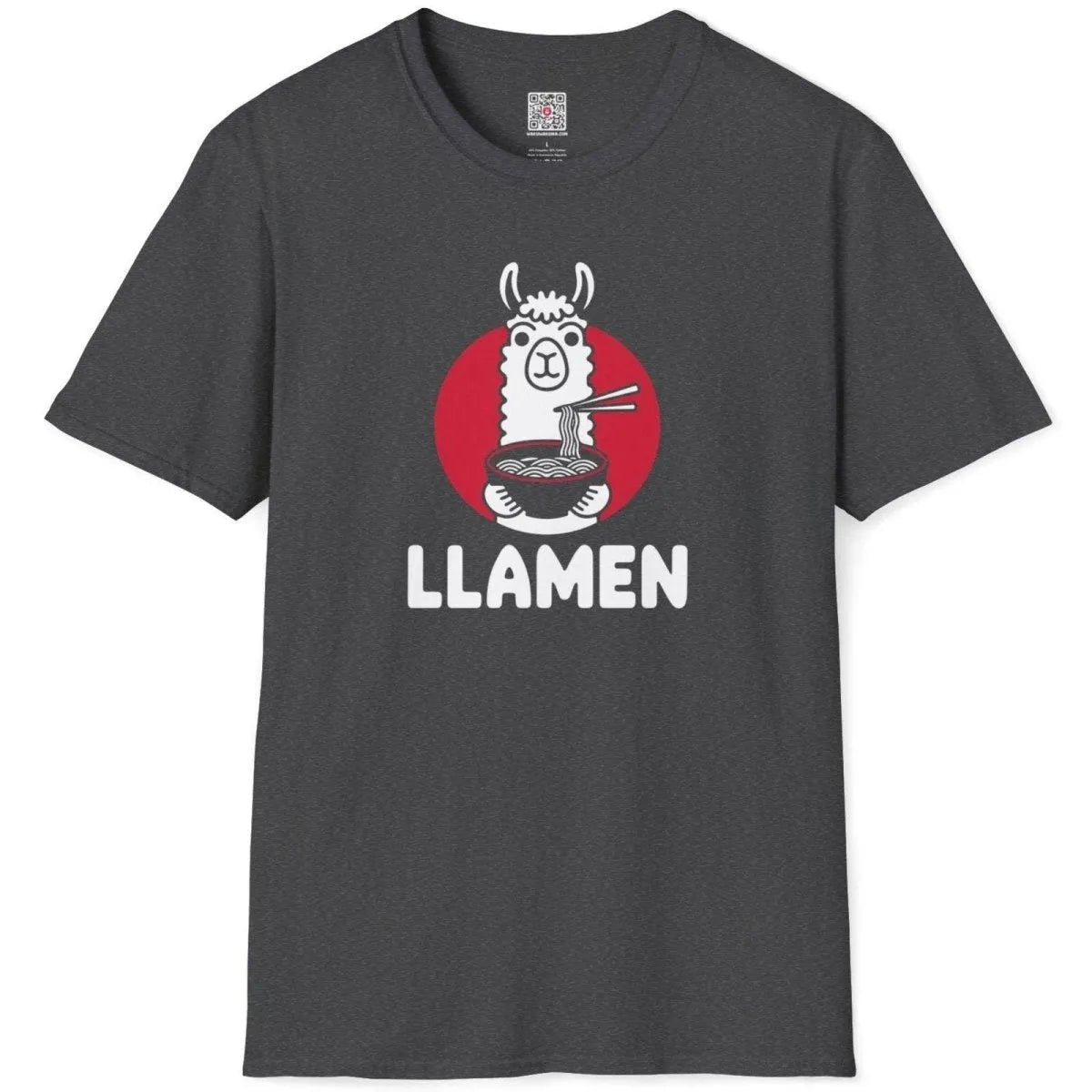 Flatlay of a dark heather t-shirt showing a cartoon llama with ramen, humorous quote, whimsical illustration.