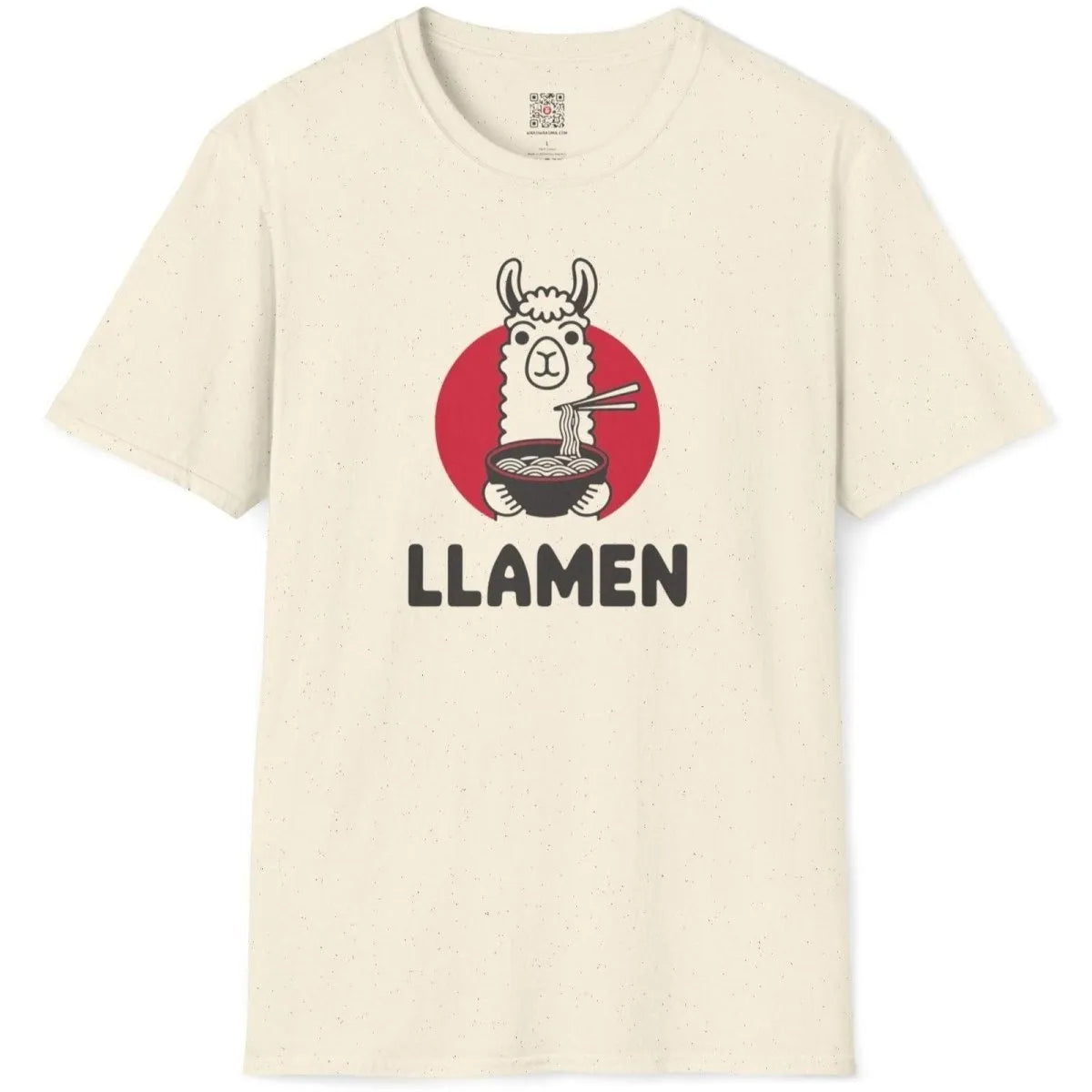 Flatlay of a natural t-shirt featuring a llama holding ramen, kawaii clothes, foodie style, ramen t shirt.