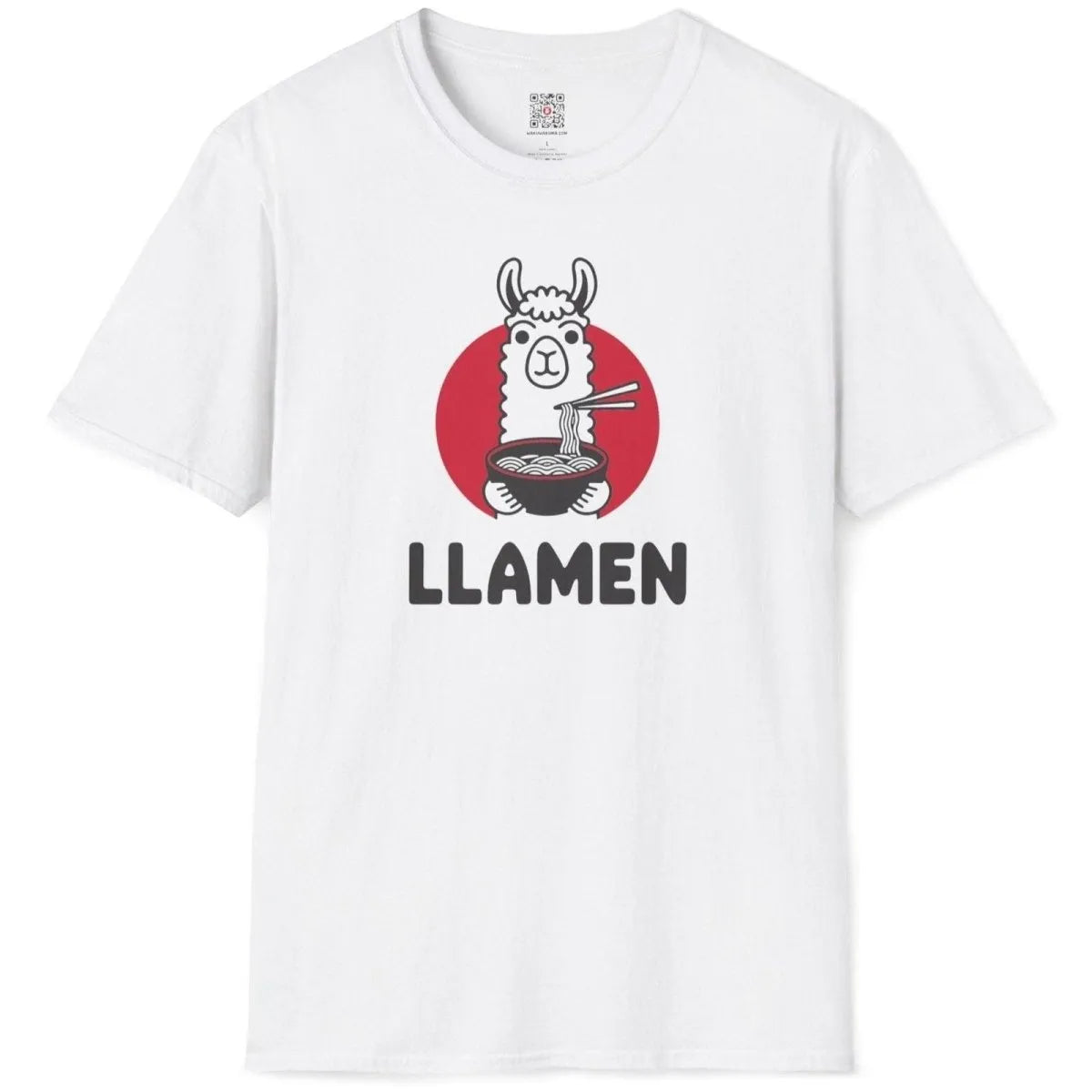 Flatlay of a white t-shirt with a fluffy llama and ramen bowl, cozy food, retro cartoon, ramen t-shirt.