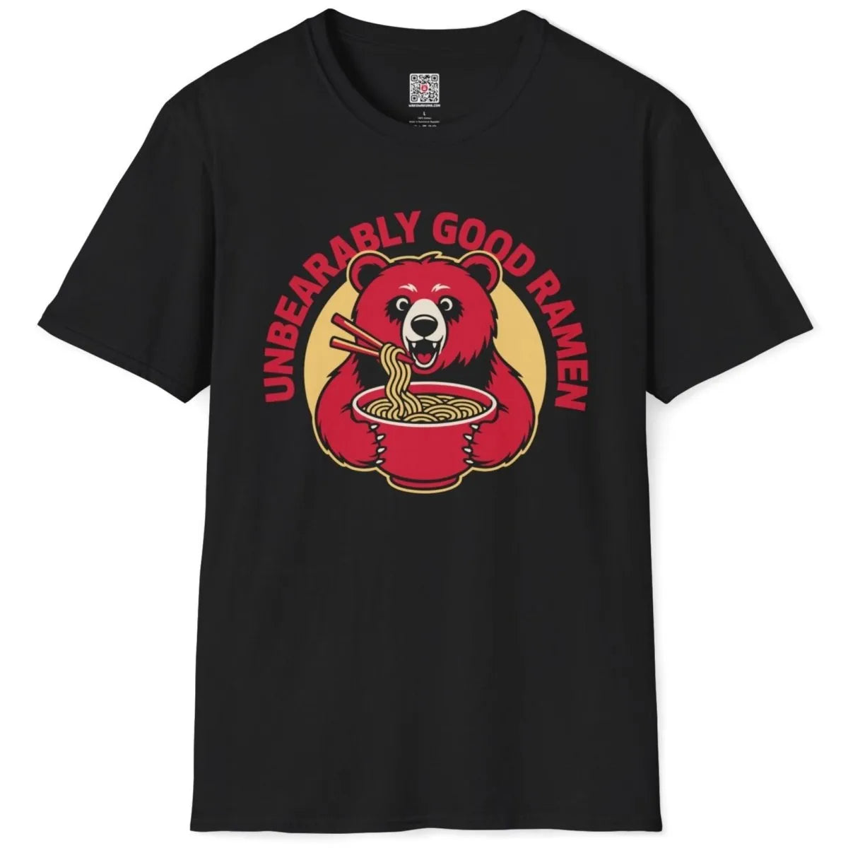 Black flatlay t-shirt with red bear holding ramen bowl, bold typography, junk food shirt, pop art shirt.