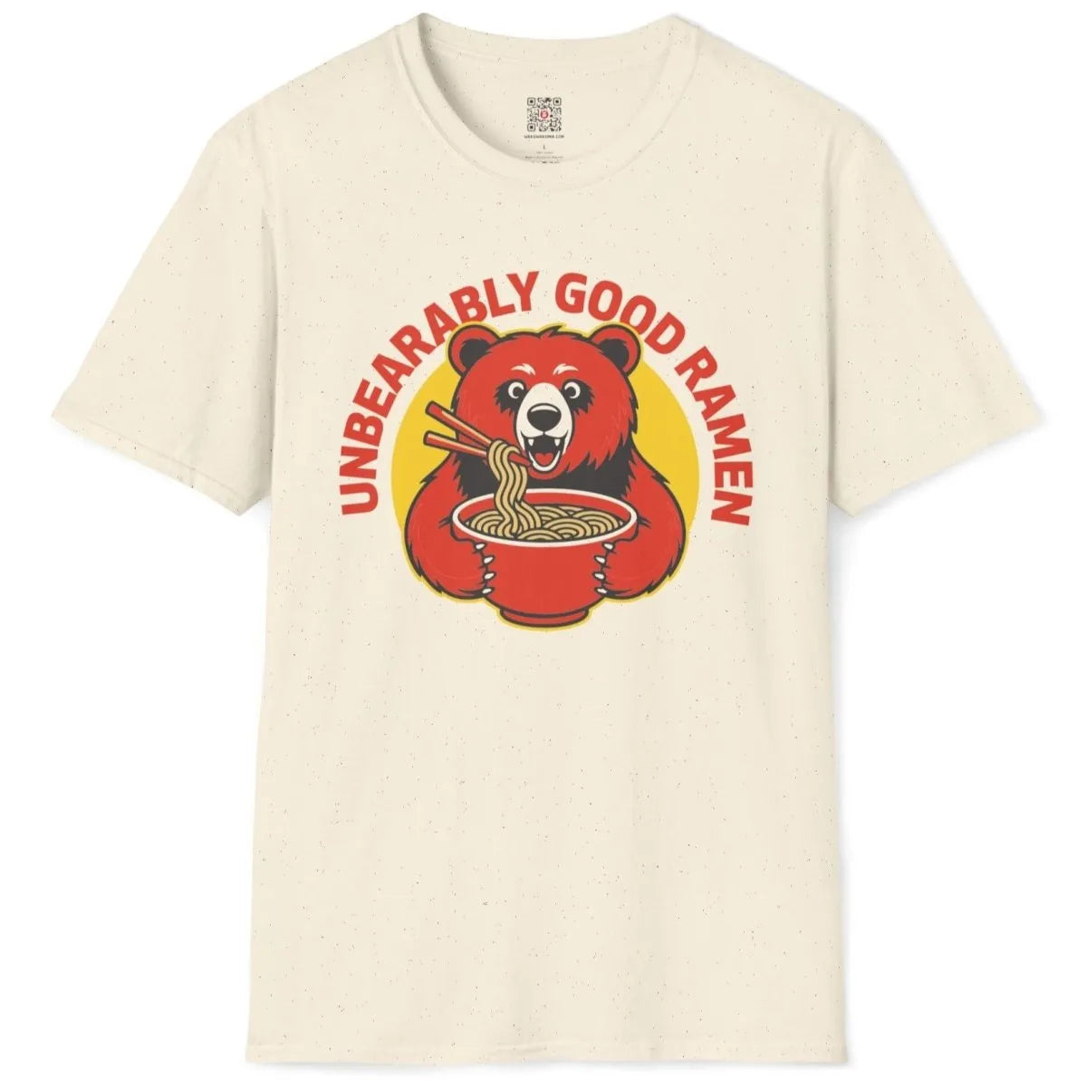 Natural flatlay t-shirt with red bear eating ramen, bold typography, fusion cuisine, ramen shirt.