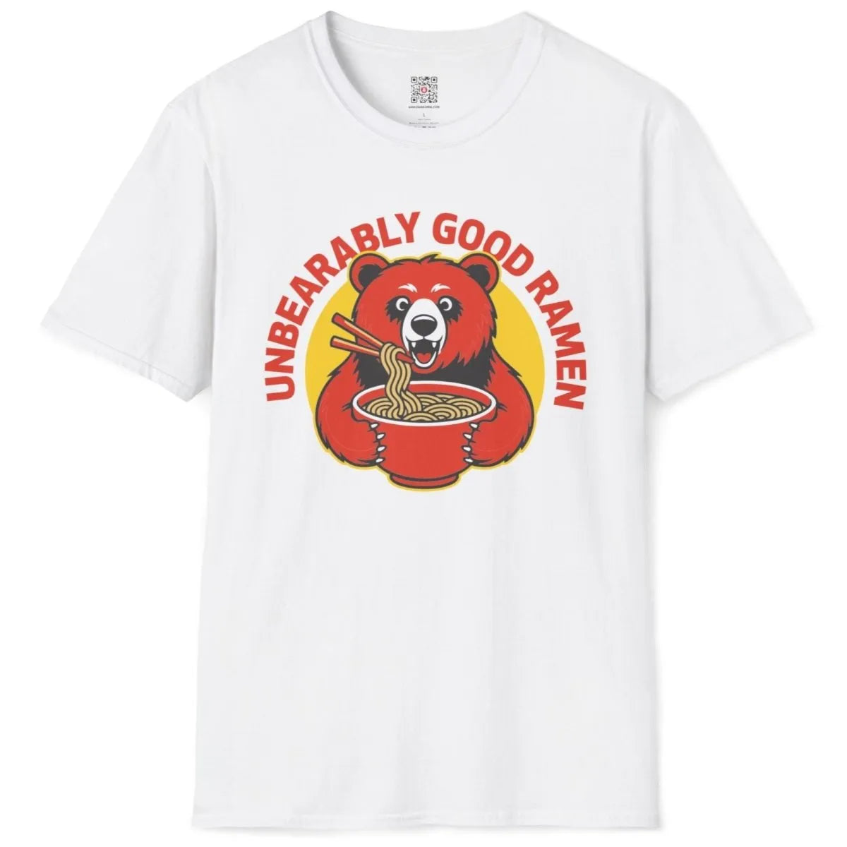 White flatlay t-shirt featuring red bear and ramen, bold typography, bear shirt, vibrant style.