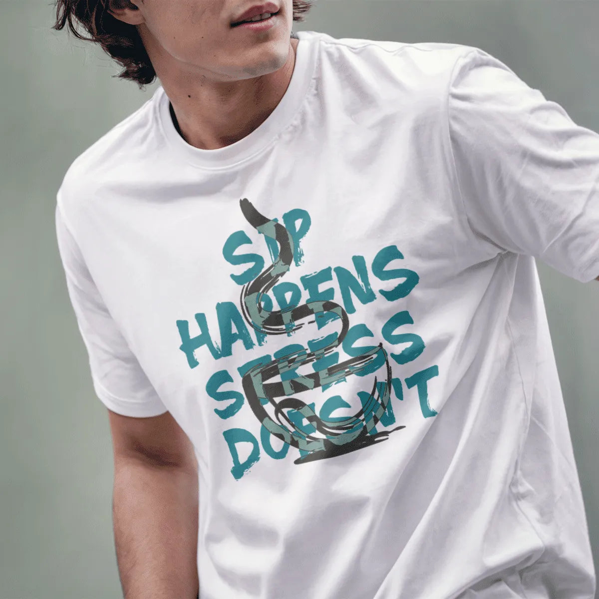 Male model in white t-shirt with cheerful red bear eating ramen, cartoonish style, ramen t-shirt.