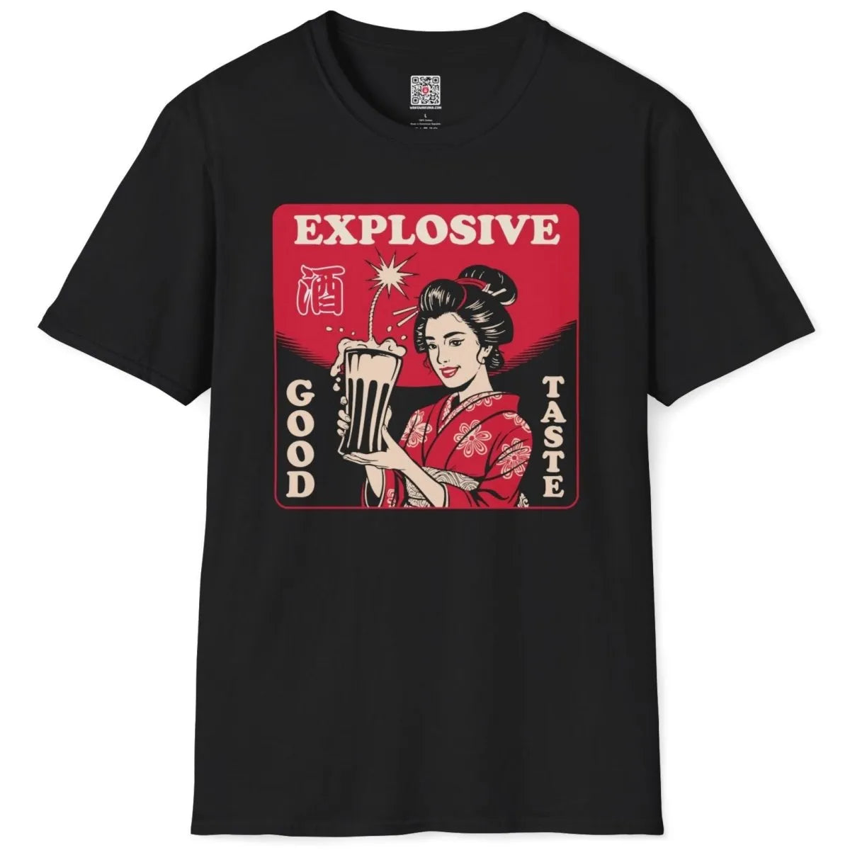 Black shirt flatlay, geisha in kimono, sake cup with fuse, vivid red background, cultural identity.