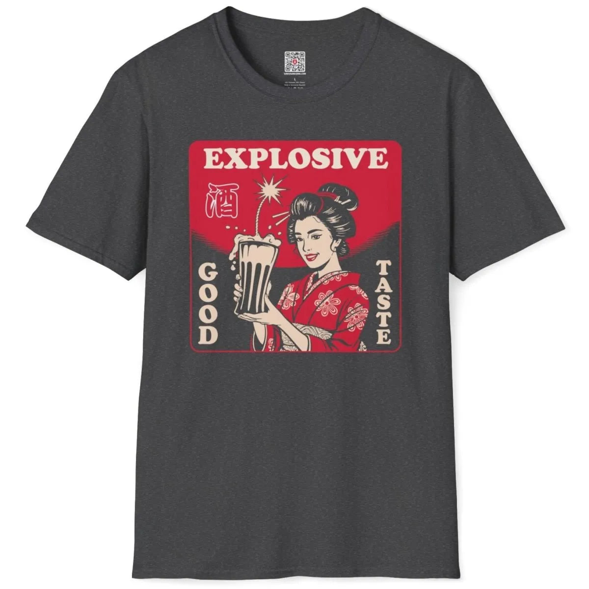 Dark heather shirt flatlay, geisha, sake cup with fuse, red accent, dynamic composition.