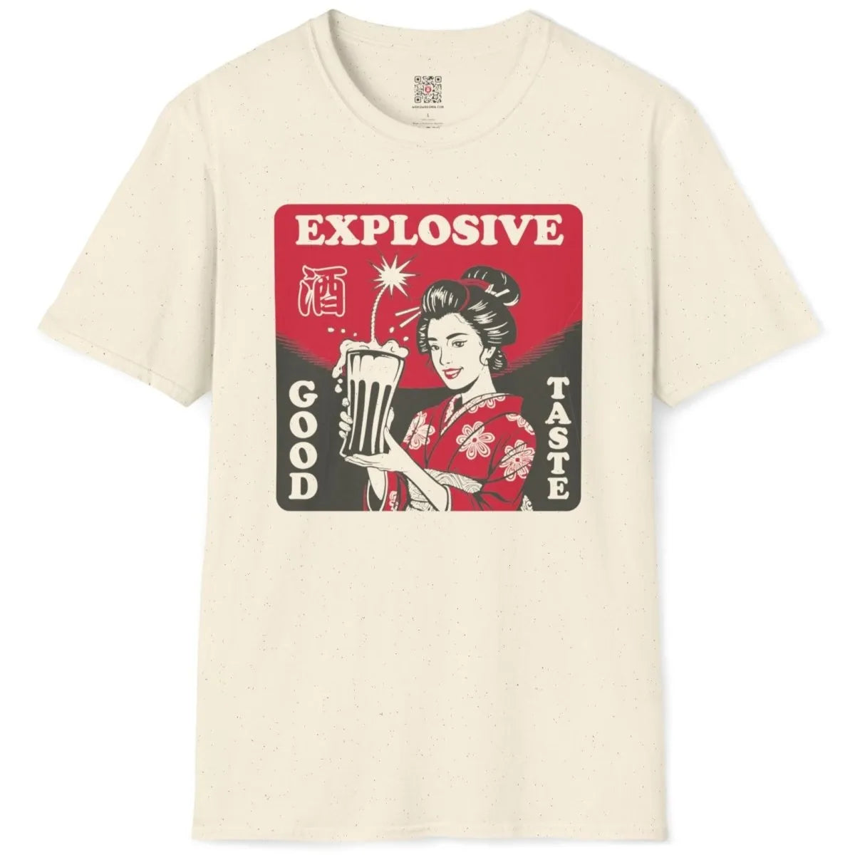 Natural shirt flatlay, geisha in kimono, sake cup, EXPLOSIVE GOOD TASTE, cultural celebration.
