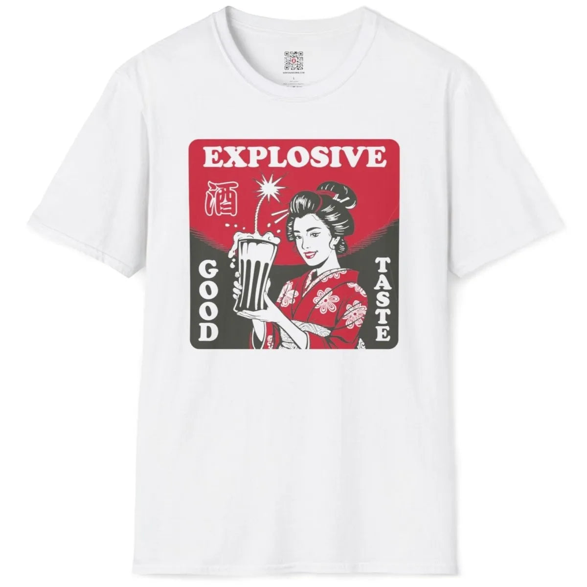 White shirt flatlay, geisha holding sake cup, bold EXPLOSIVE text, japanese t-shirts, modern fusion.