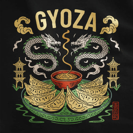 Gyoza t-shirt closeup on black, bold dragons and gyoza plate with cultural symbols and balanced composition.