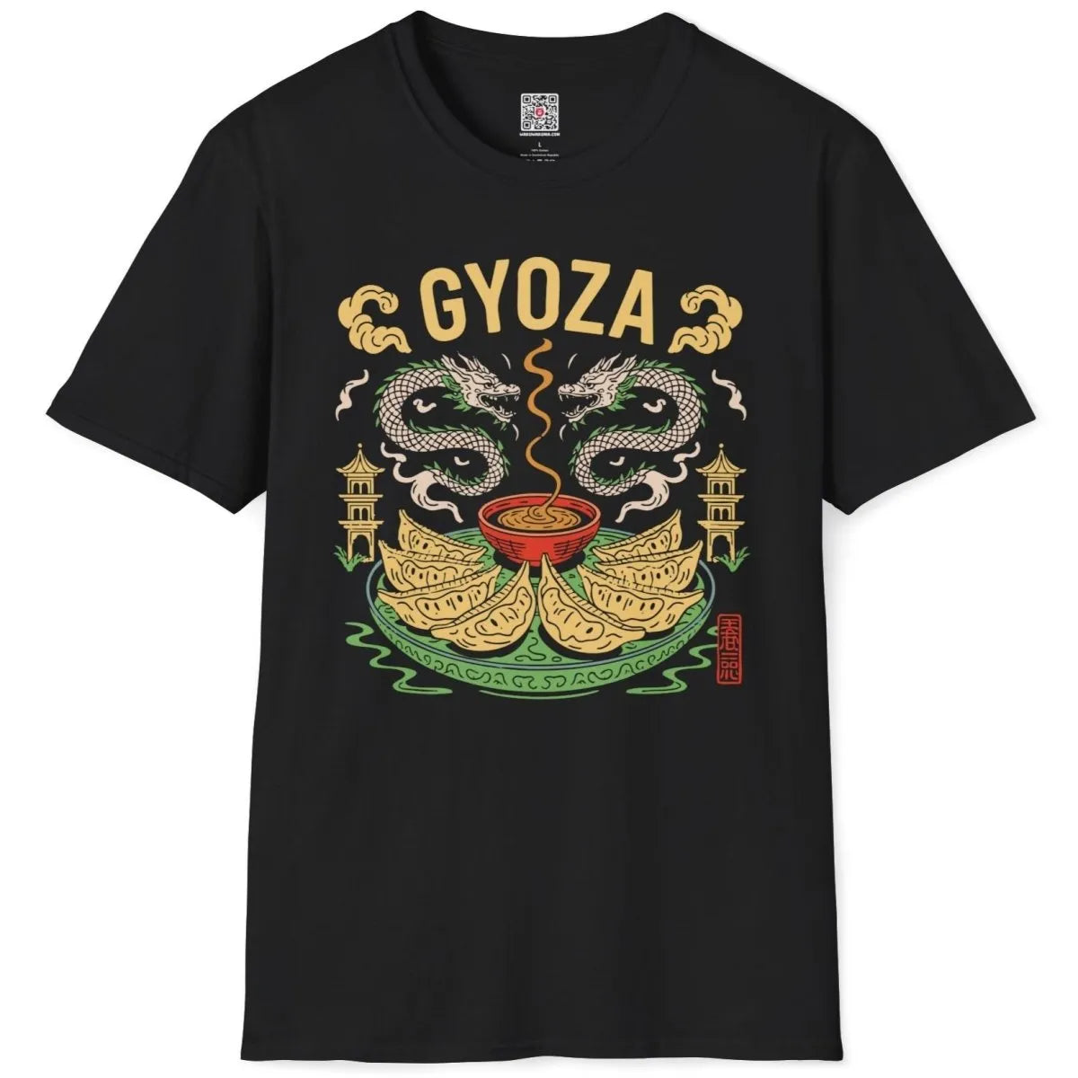 Black gyoza t-shirt flatlay, detailed dragons, green plate, and pagoda accents in foodie style.