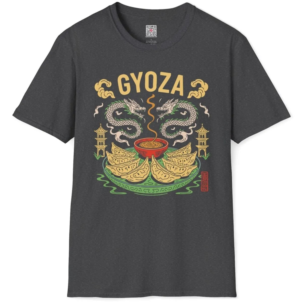 Dark heather gyoza t-shirt flatlay, oriental art with dragons, pagodas, and golden gyoza.
