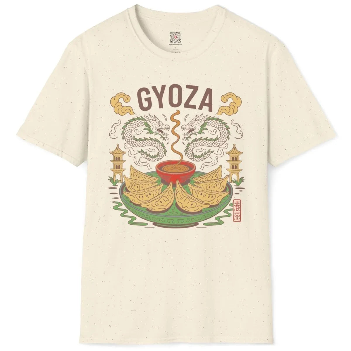 Natural gyoza t-shirt flatlay, cultural blend with dragons, clouds, and pleated dumplings.