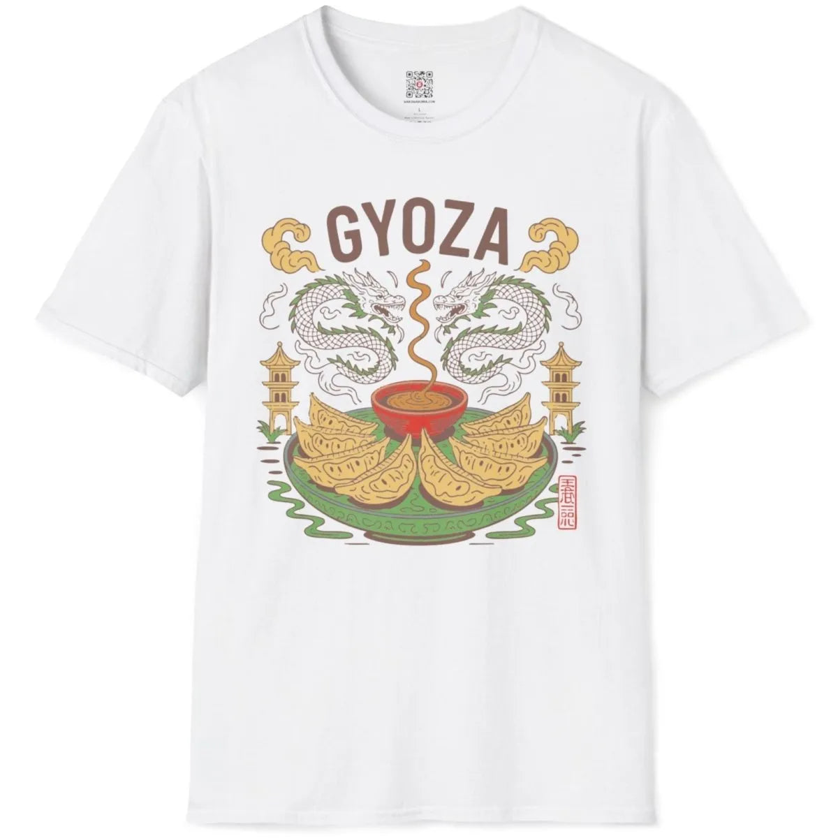 White gyoza t-shirt flatlay, dragons and gyoza plate, fusion cuisine and contrast in colors.