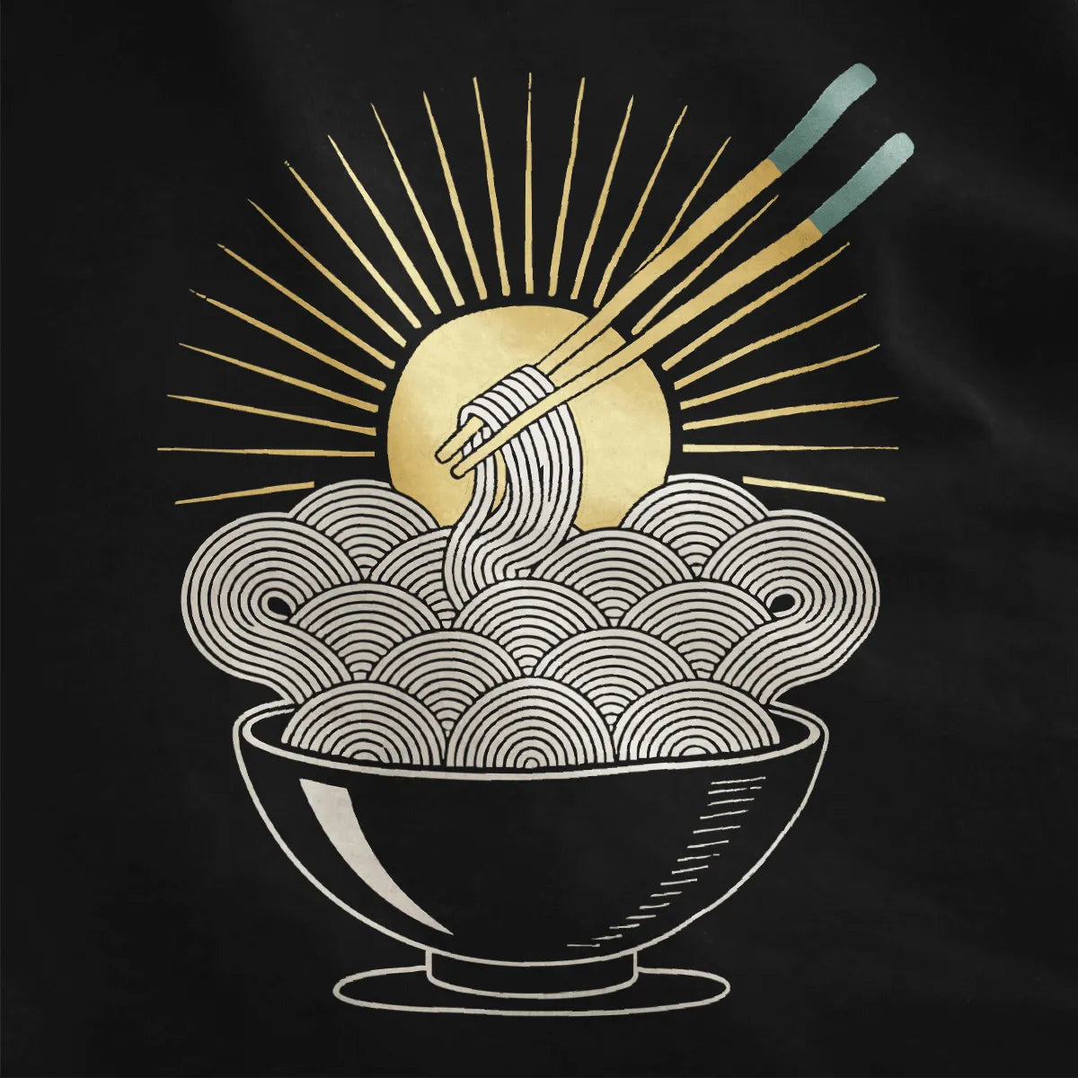 Noodle sunburst t-shirt closeup on black, bold ramen bowl, yellow sunburst, and junk food shirt vibe.