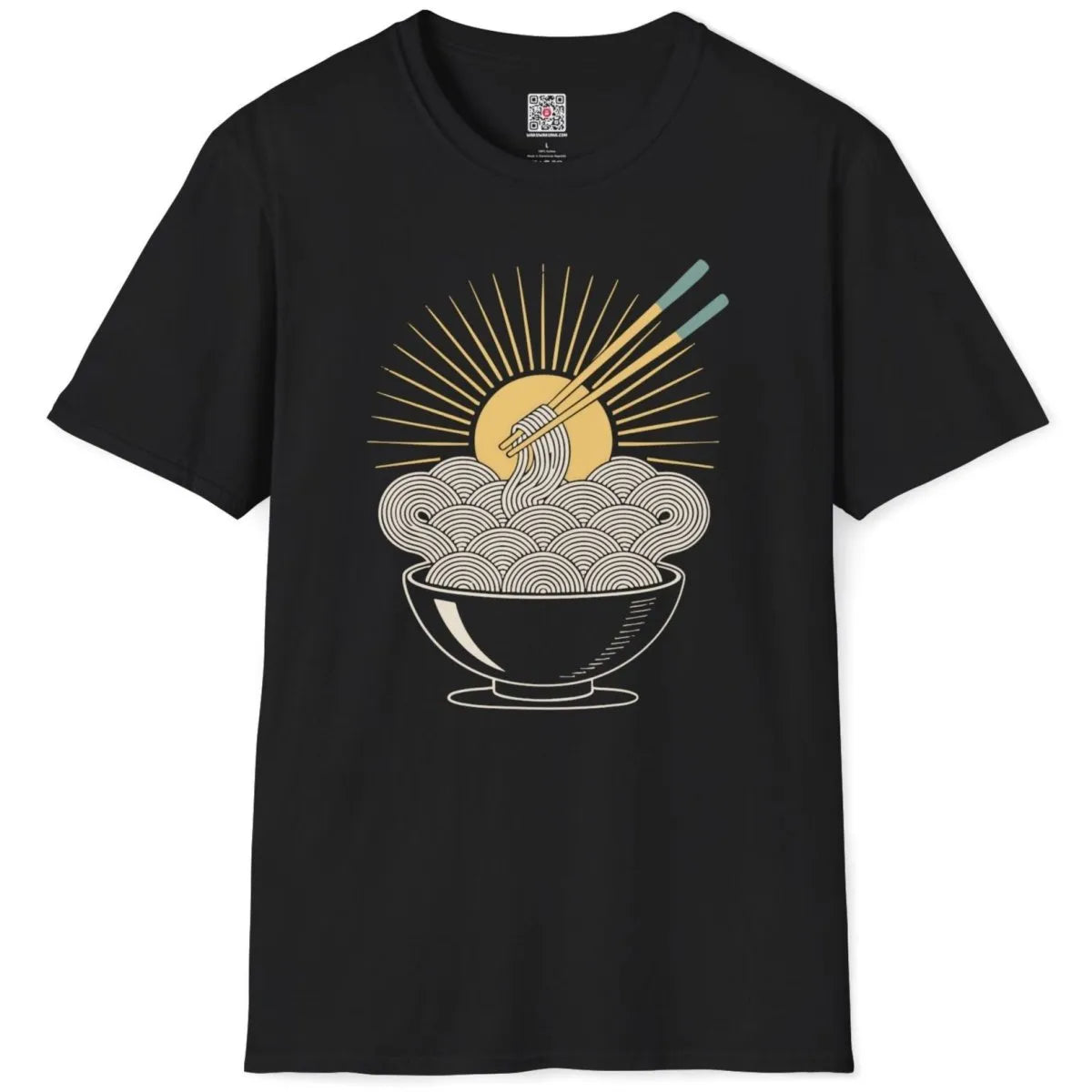 Black noodle sunburst t-shirt flatlay, lively noodle bowl, sunburst, and Japanese t-shirts inspiration.