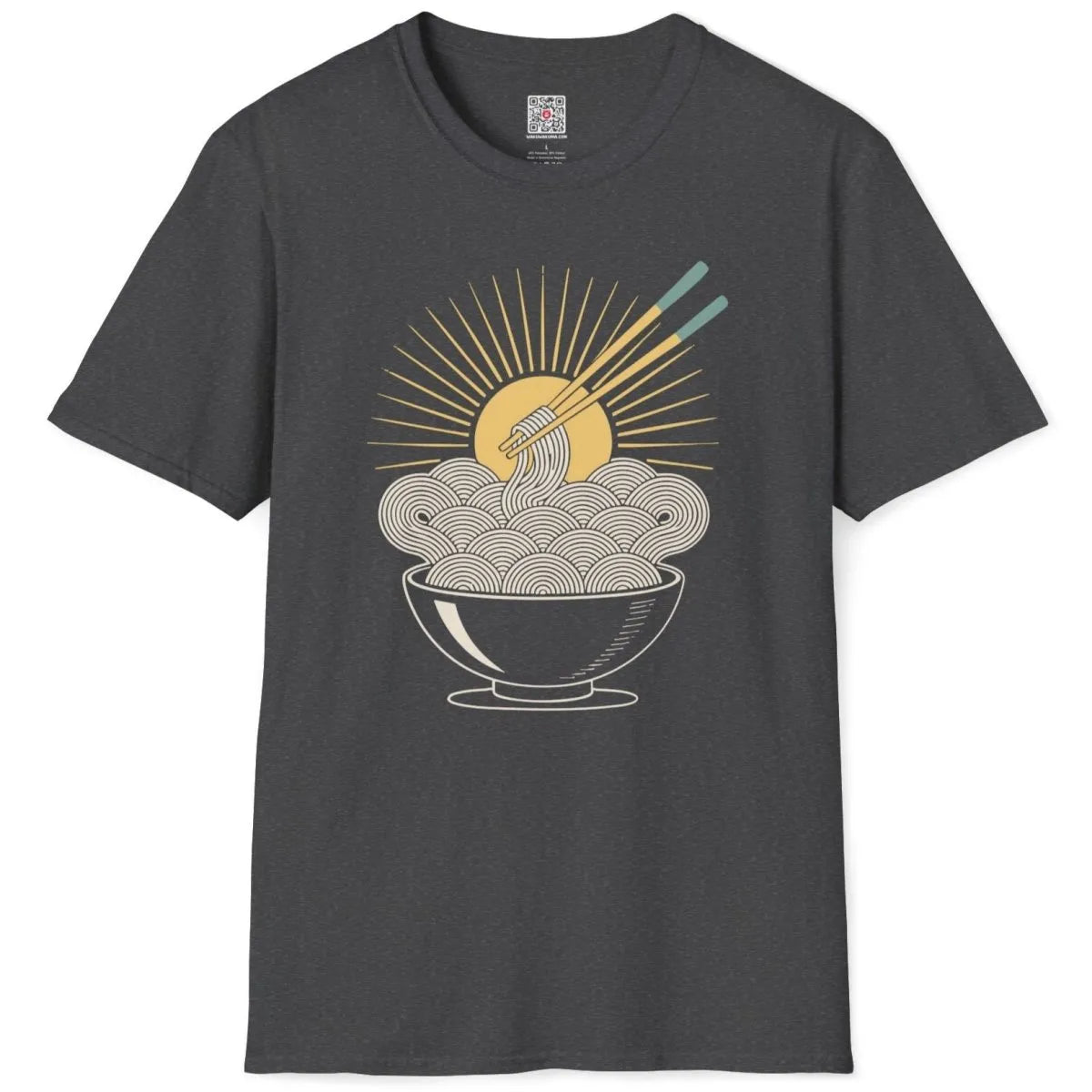 Dark heather noodle sunburst t-shirt flatlay, ramen t-shirt with bold lines and comforting mood.
