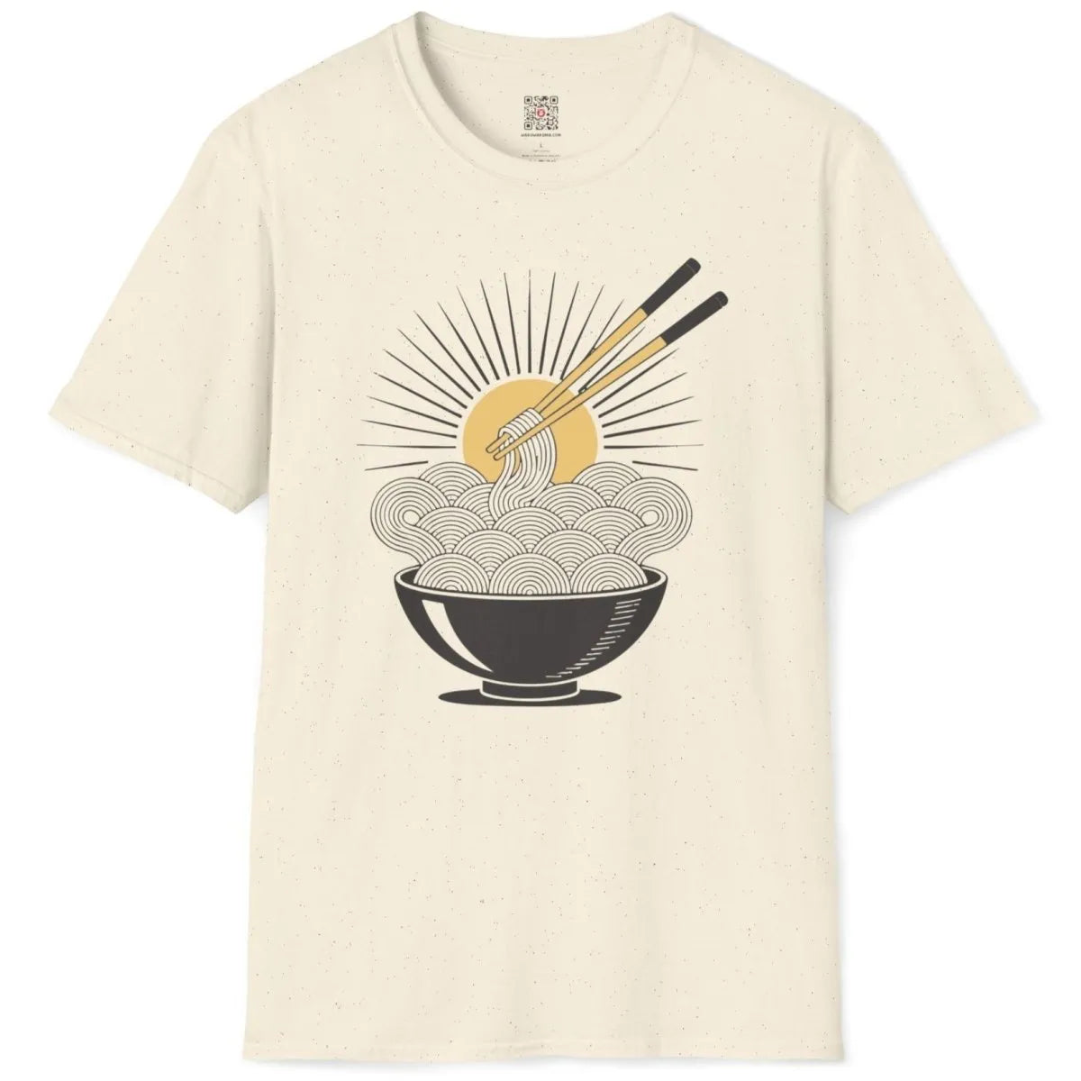 Natural noodle sunburst t-shirt flatlay, Japanese t-shirts design, chopsticks, and radiant sunburst.