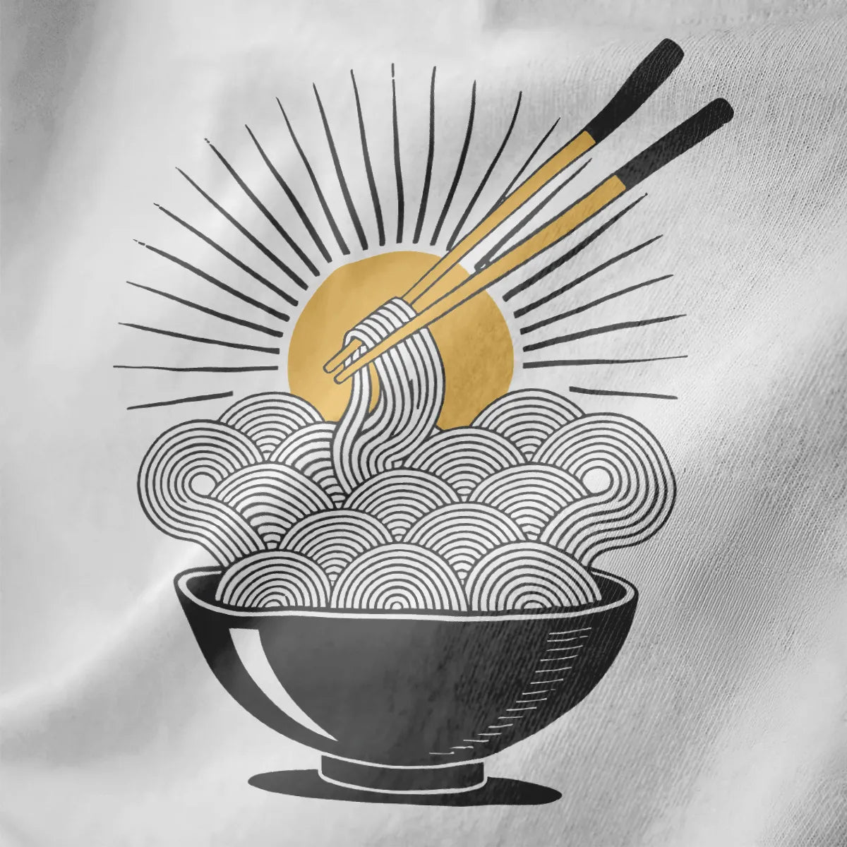 Noodle sunburst t-shirt closeup on white, swirling noodles, chopsticks, and radiant sunburst in Japanese t-shirts style.