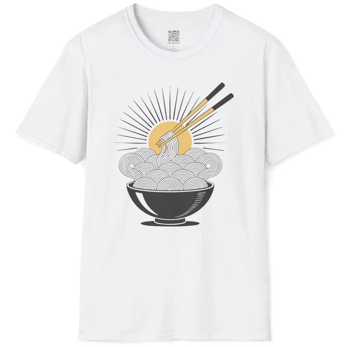 White noodle sunburst t-shirt flatlay, swirling noodles, chopsticks, and vibrant sunburst.