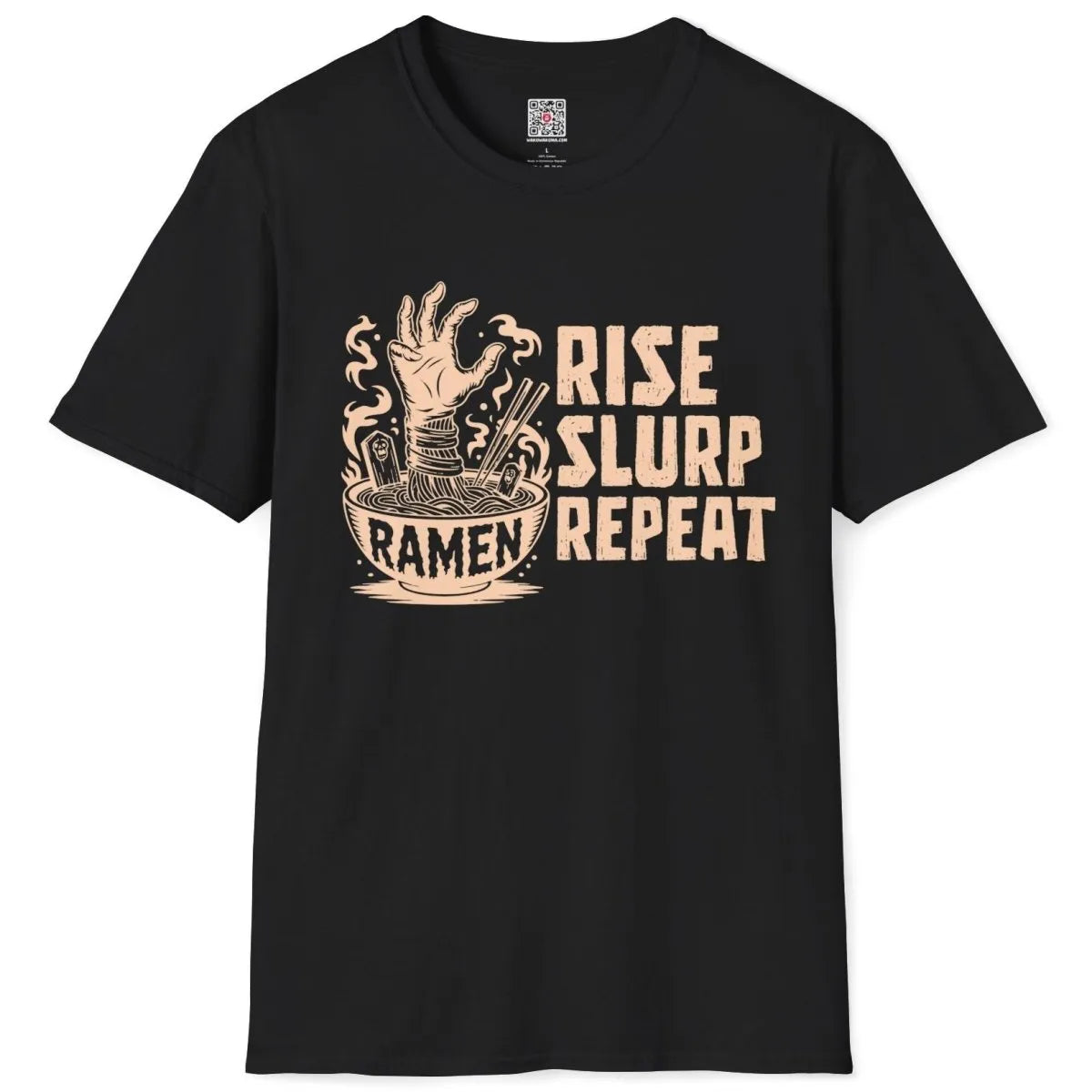 Black flatlay t-shirt with zombie hand, ramen bowl, distressed "RISE SLURP REPEAT" text, vintage aesthetic.