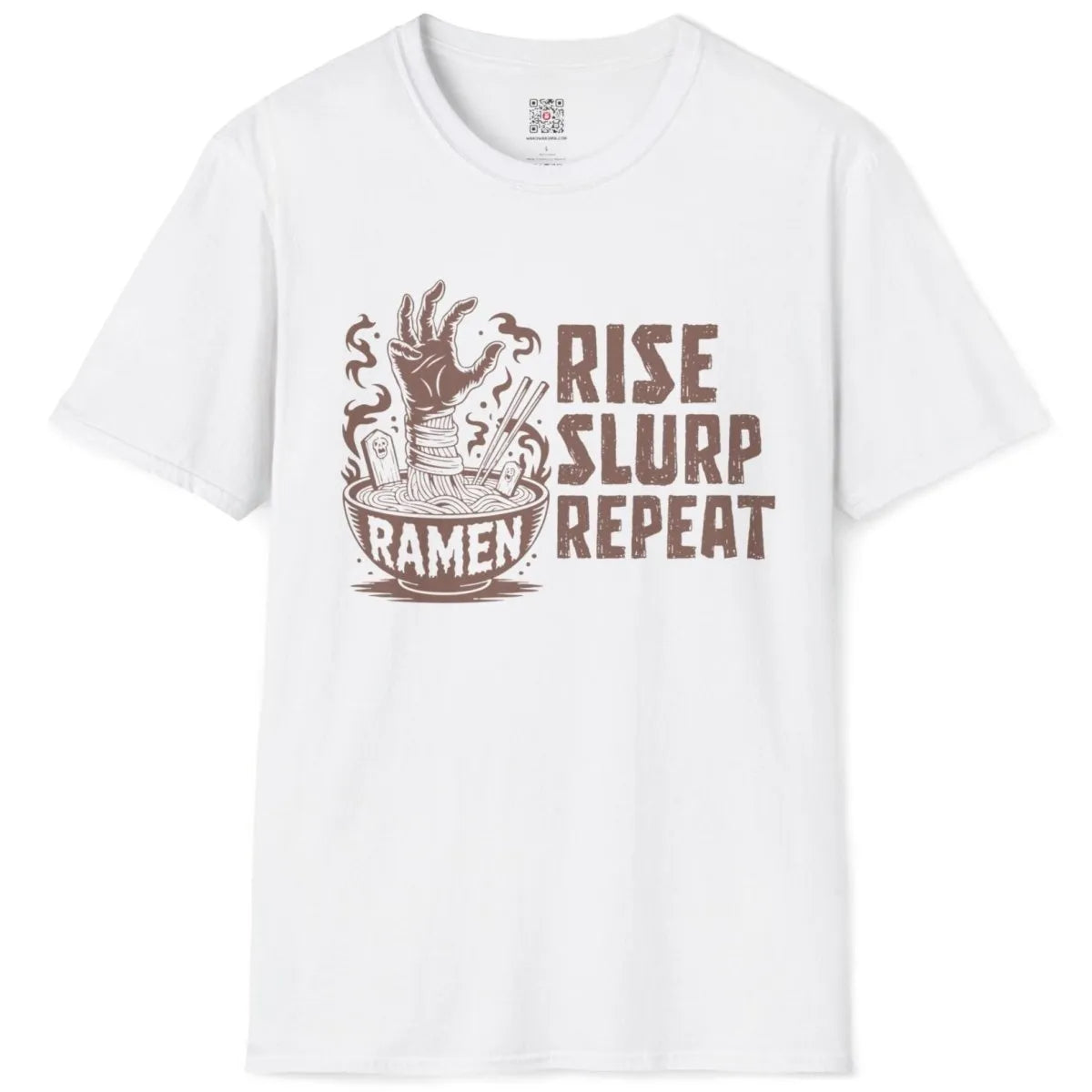 White flatlay t-shirt featuring zombie hand, ramen bowl, distressed "RISE SLURP REPEAT" text, ramen t-shirt.