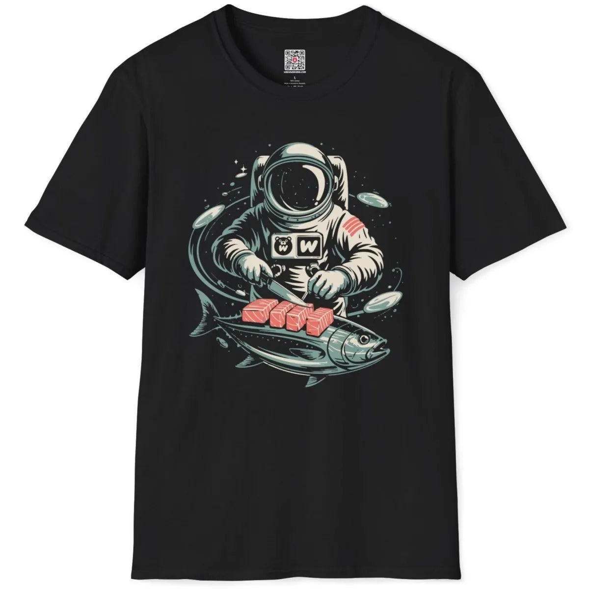Black t-shirt flatlay with space-themed sushi design showing astronaut cutting fresh tuna fish.