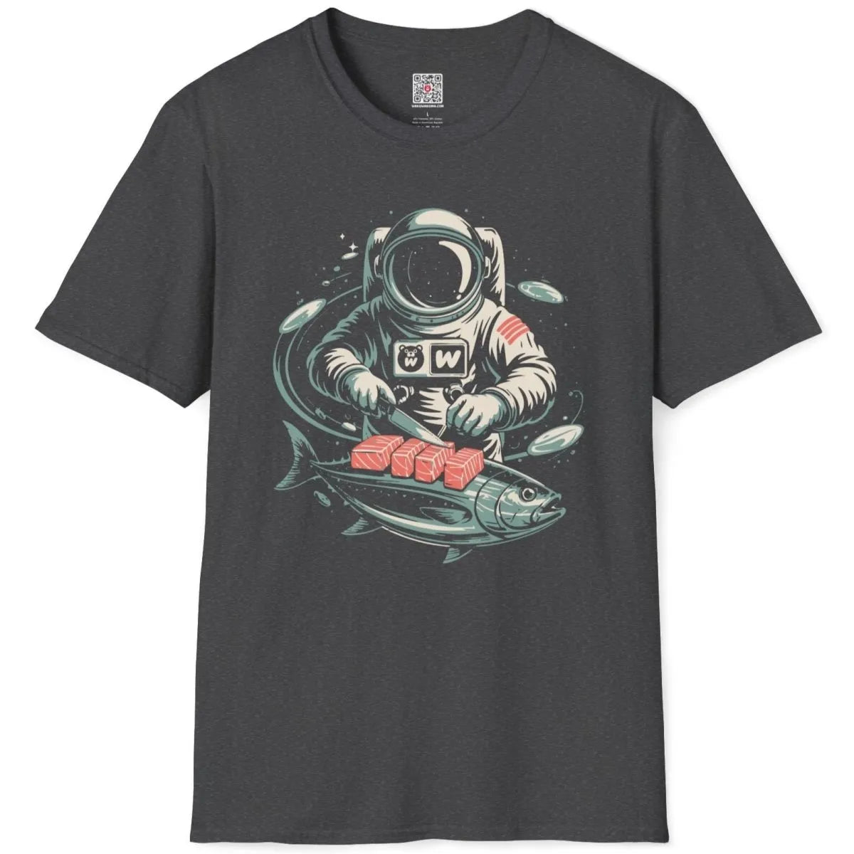 Dark heather t-shirt flatlay with Japanese t-shirt design of astronaut slicing tuna in cosmic setting.