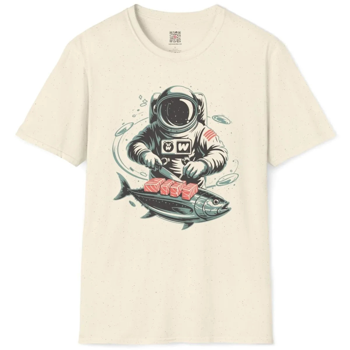 Natural t-shirt flatlay with sushi culture illustration showing astronaut with knife and tuna in space.