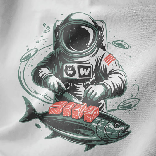 Close-up of white fabric featuring astronaut preparing sushi design with bear logo badge on spacesuit.