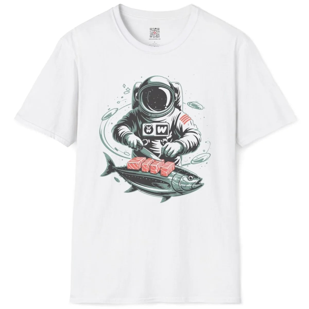 White t-shirt flatlay featuring bear shirt design with astronaut preparing sushi among stars and bubbles.