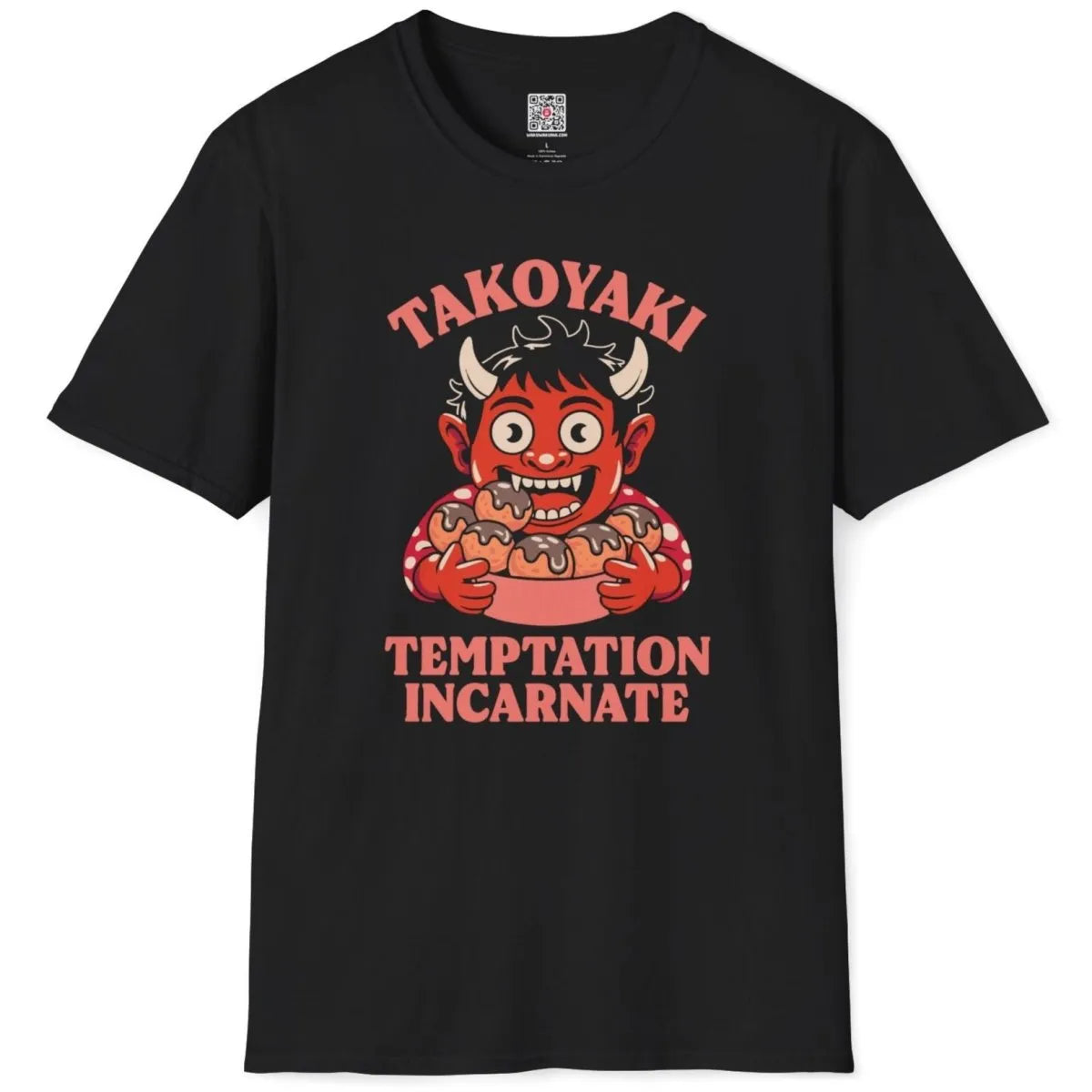 Black t-shirt flatlay with junk food shirt design showing grinning oni demon with takoyaki plate.