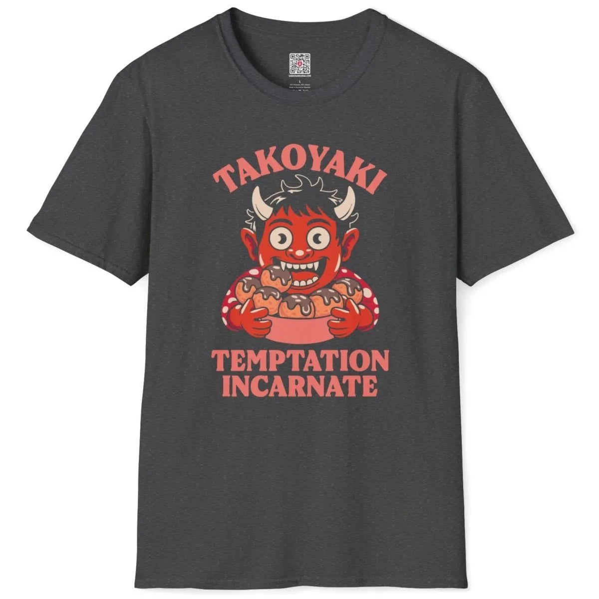 Dark heather t-shirt flatlay with cultural symbolism design of oni demon holding takoyaki balls.