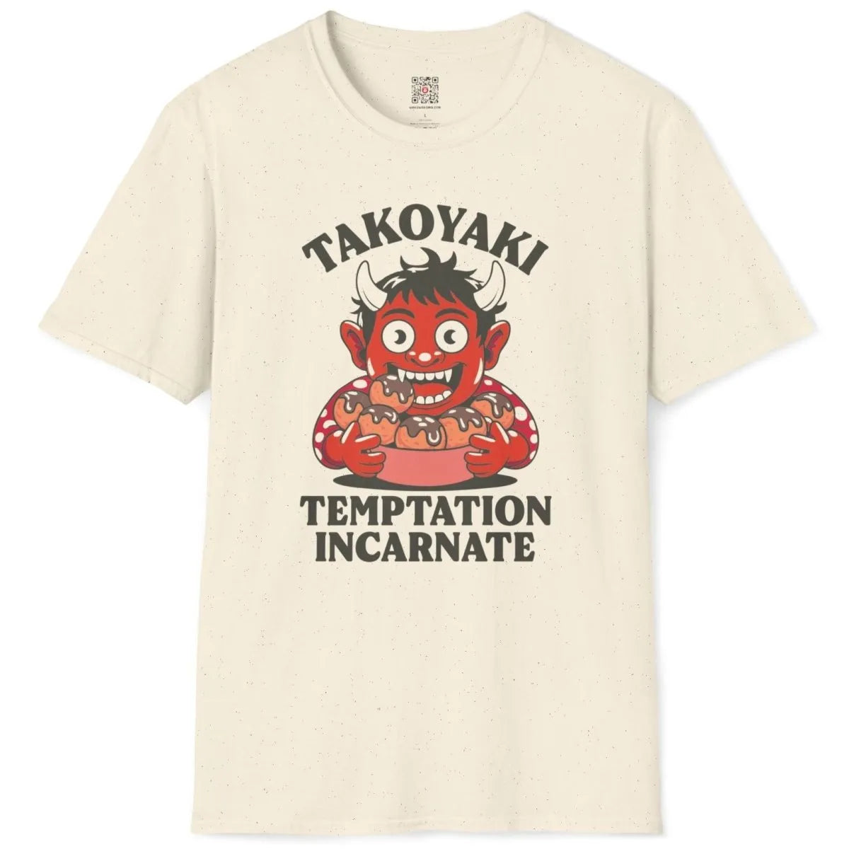 Natural t-shirt flatlay with Japanese folk tale inspired red oni serving takoyaki with sauce drizzle.