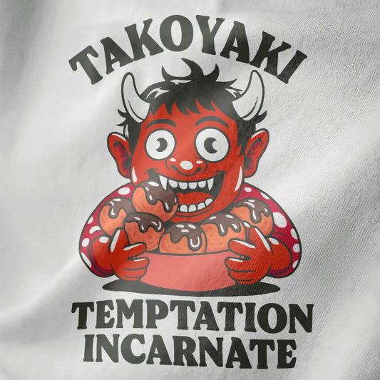 Close-up of white fabric with cheerful red oni holding plate of takoyaki balls design.