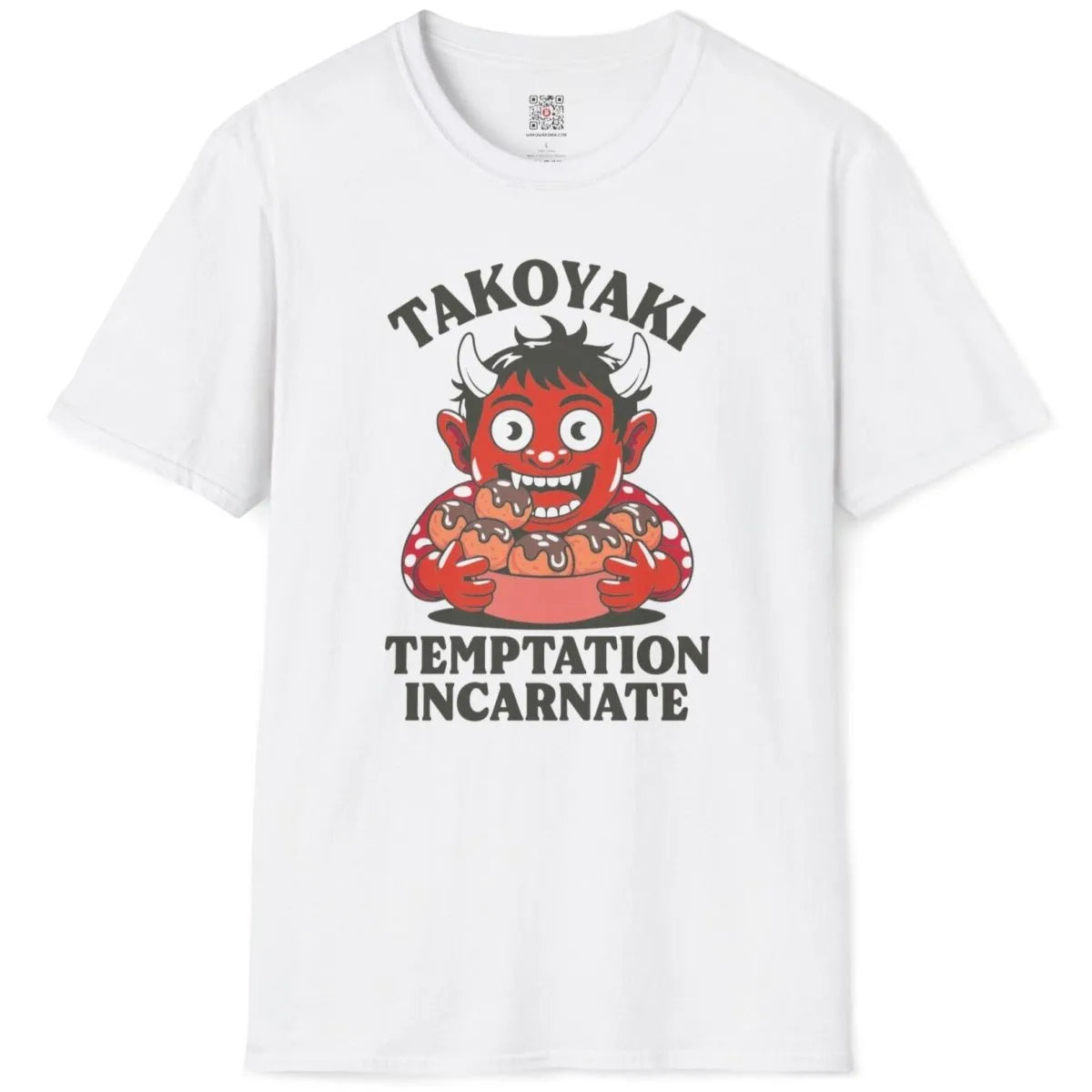 White t-shirt flatlay featuring bold typography "TAKOYAKI" above red oni with toothy grin.