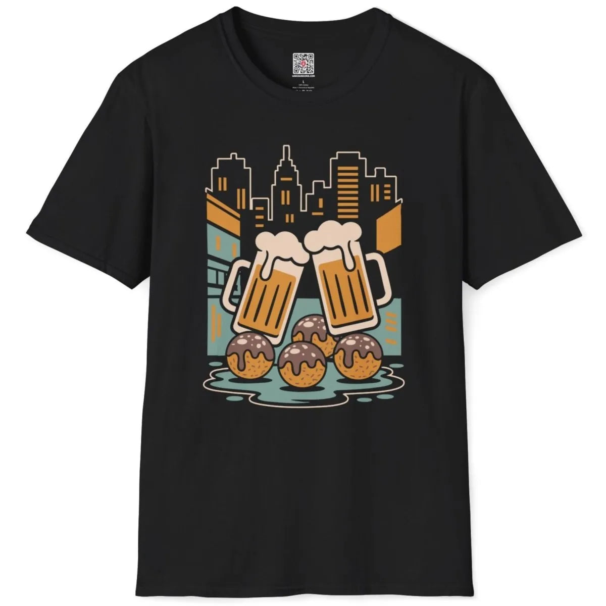 Black t-shirt flatlay with vibrant design of frothy beer mugs and Japanese snack popular takoyaki.