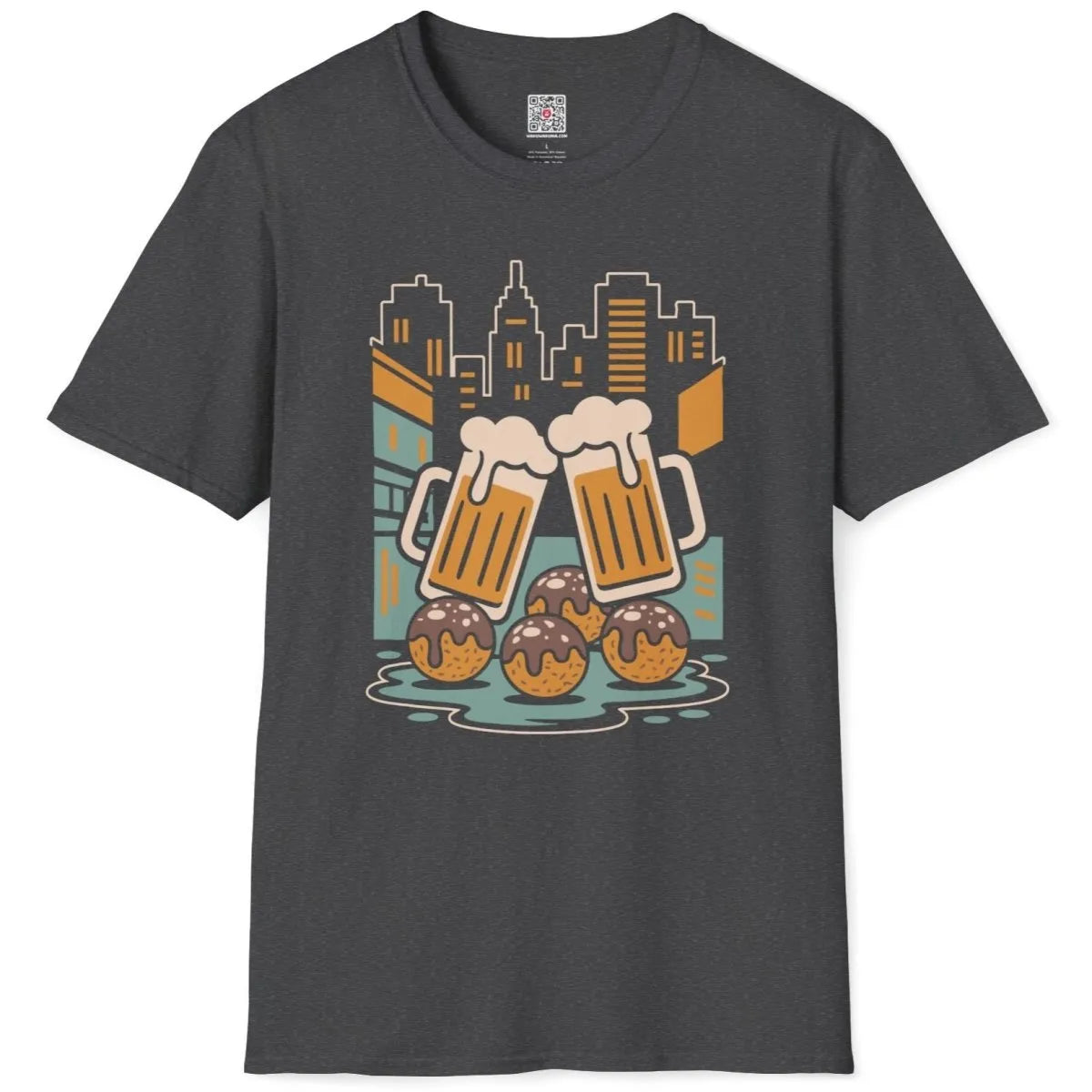 Dark heather t-shirt flatlay with Japanese t-shirt design showing beer mugs with condensation droplets.