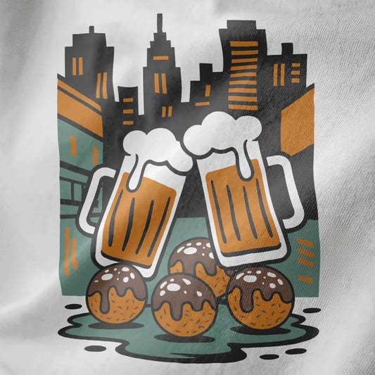 Close-up of white fabric showing clinking beer mugs above chocolate-glazed takoyaki balls design.