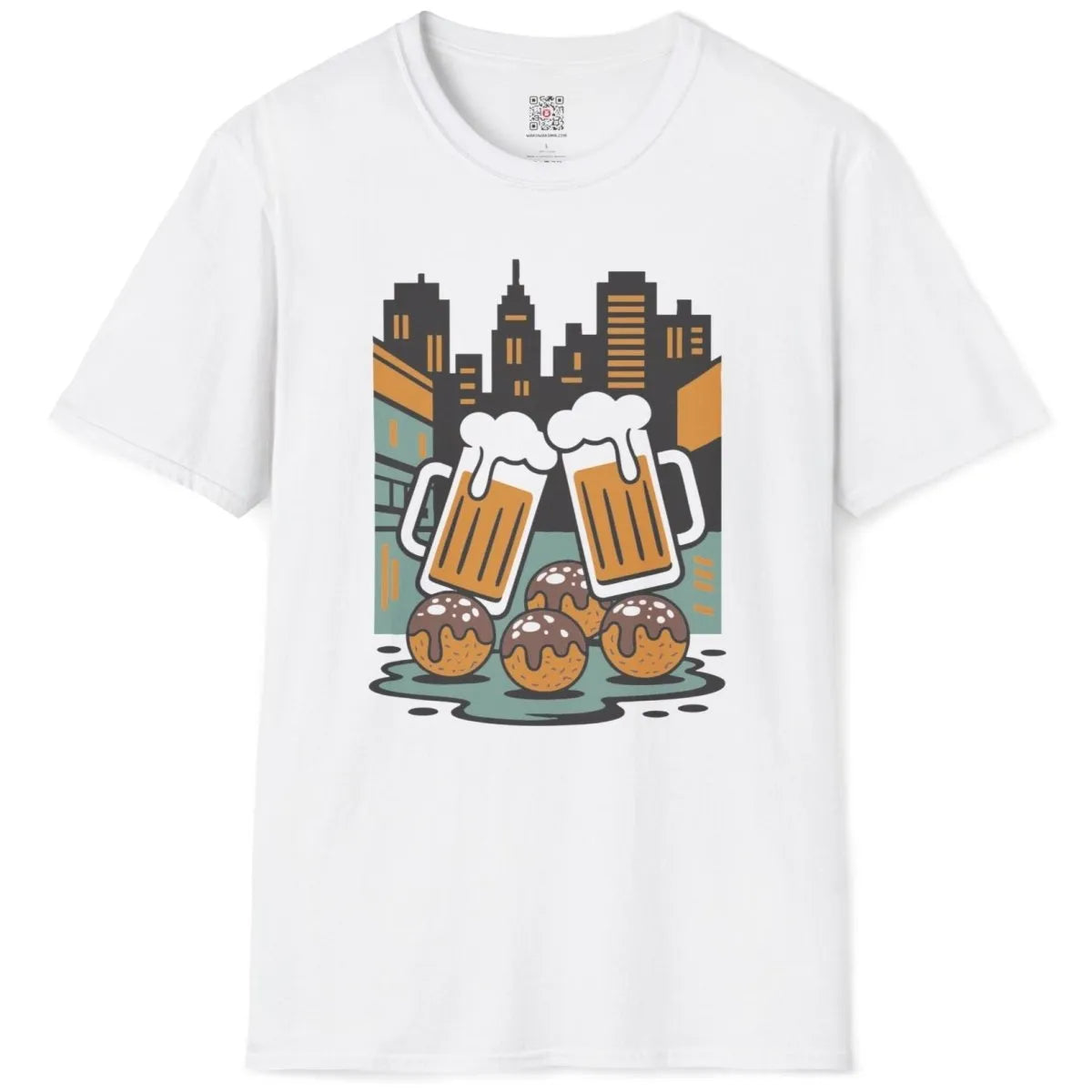 White t-shirt flatlay featuring stylized cityscape with celebratory beer toast and takoyaki balls.