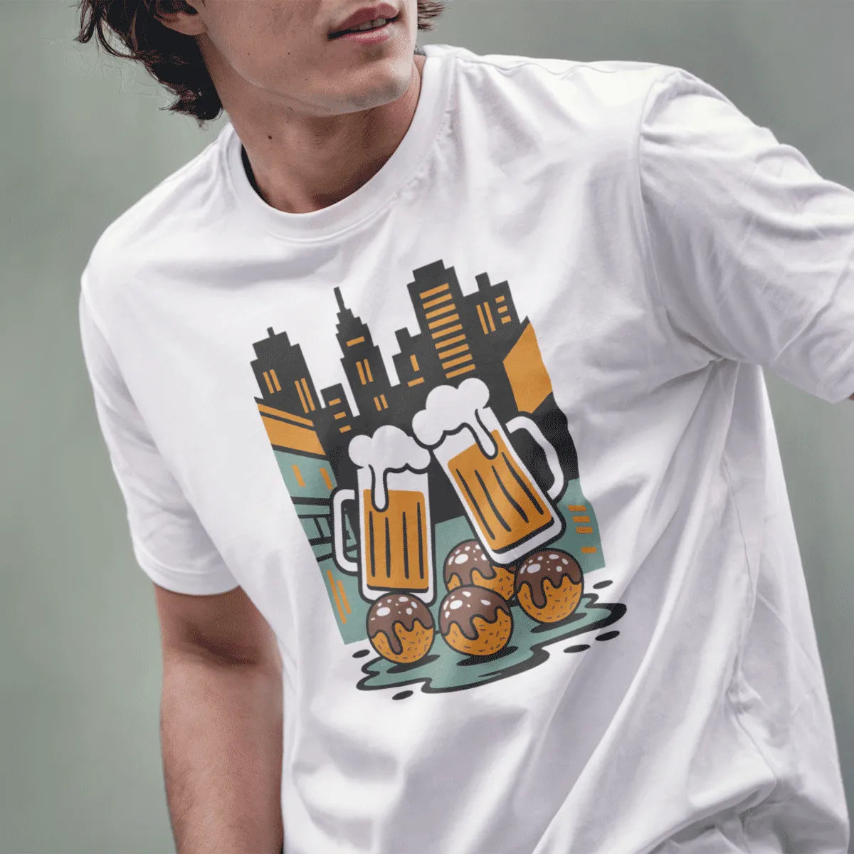 Male model wearing white Japanese t-shirt with urban night scene of beer mugs and takoyaki.