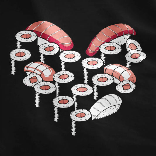 Close-up of sushi heart design on black fabric, showcasing contrast in colors and japanese t-shirts style.