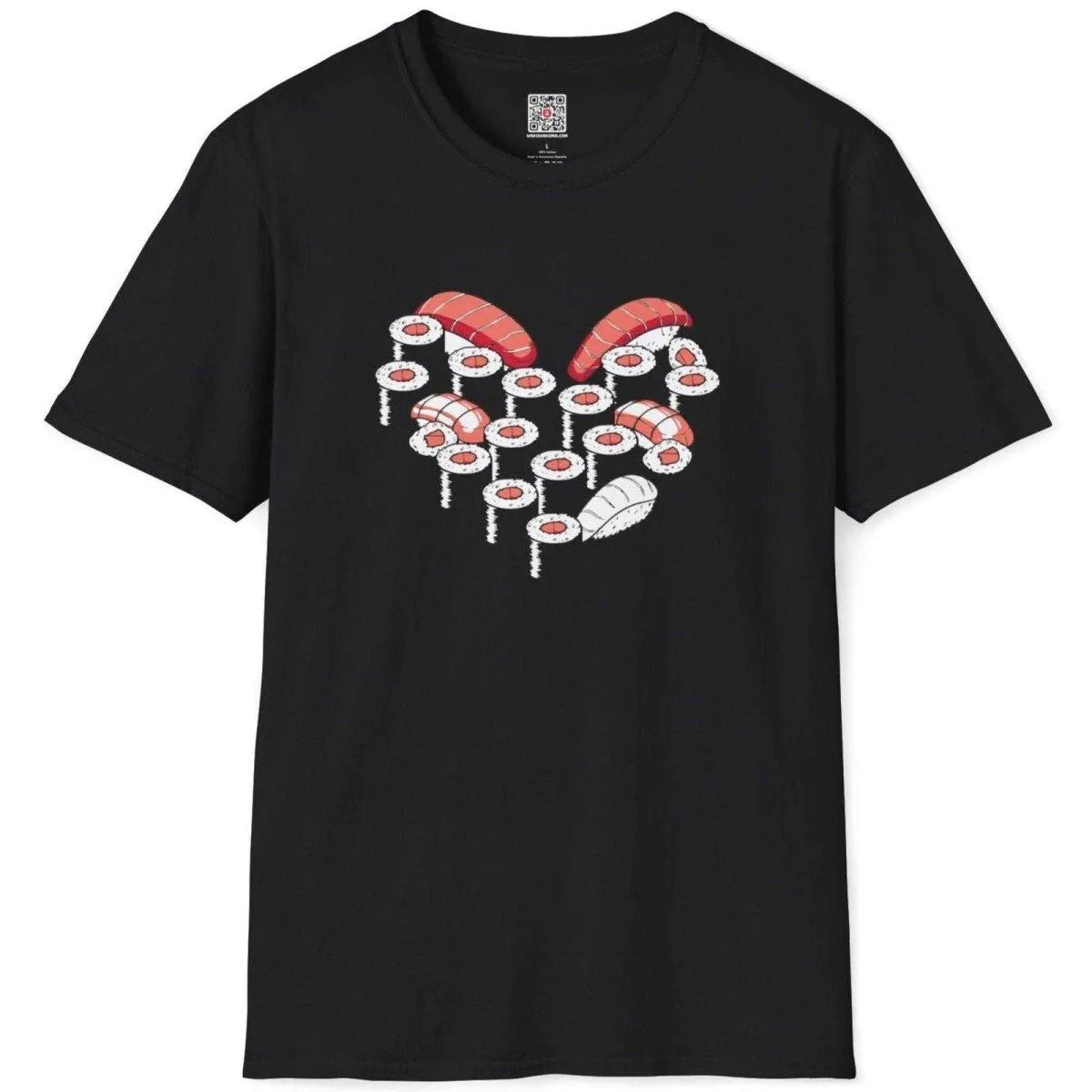 Flatlay of black sushi heart t-shirt, highlighting sushi art and bold heart t shirt graphic.