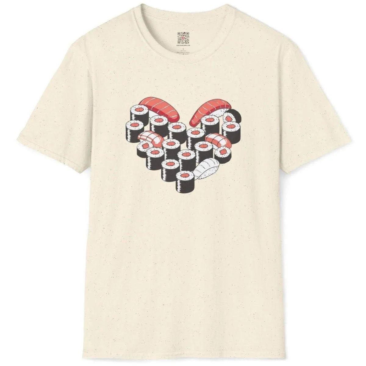 Flatlay of natural t-shirt with sushi heart artwork, emphasizing sushi t-shirt and heart art.