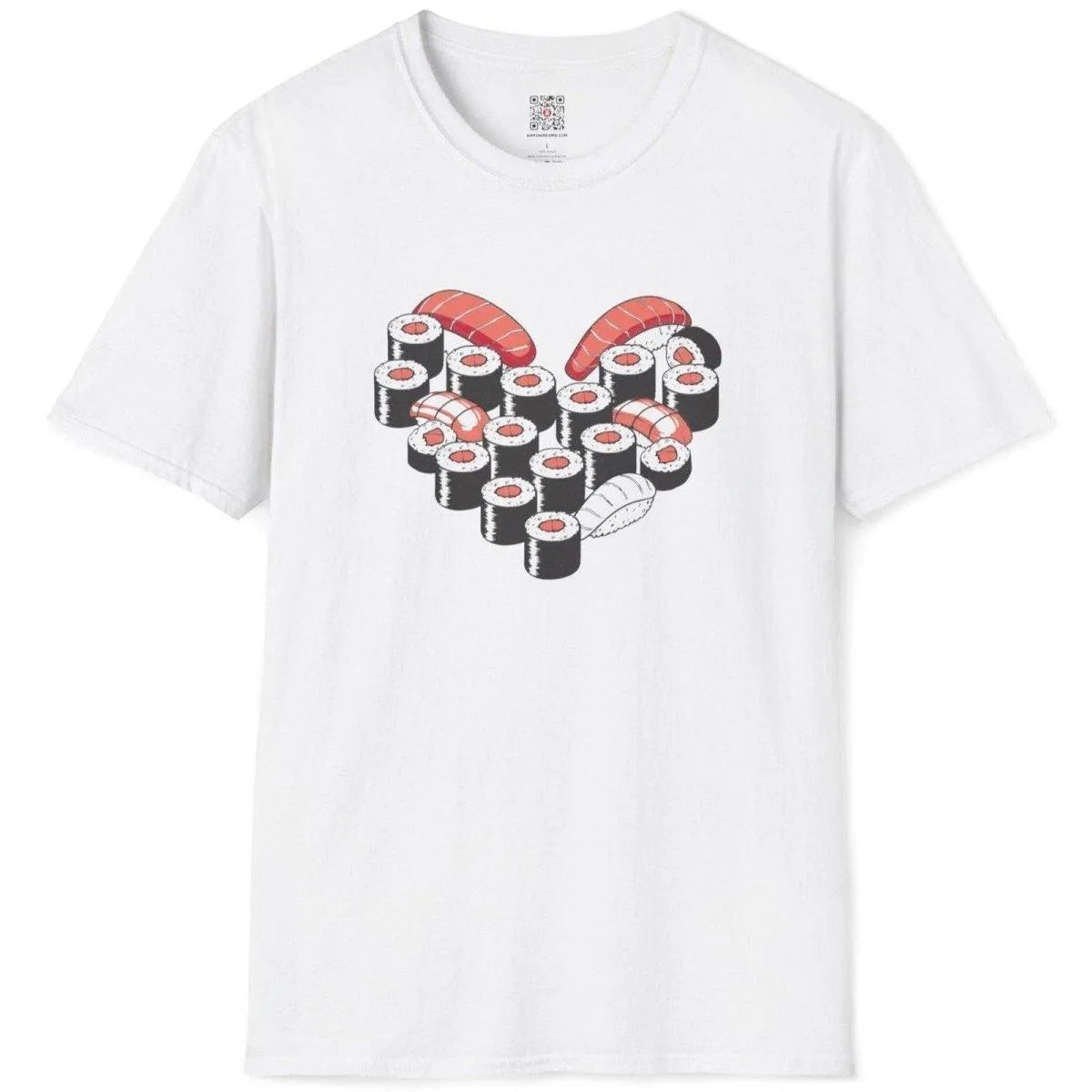 Flatlay of white t-shirt with sushi heart motif, combining kawaii sushi and graphic t-shirts stores appeal.