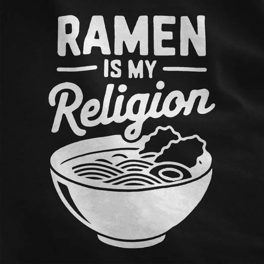 Bold RAMEN IS MY Religion design in white ink on black fabric, minimalist ramen bowl, graphic design t shirt style.