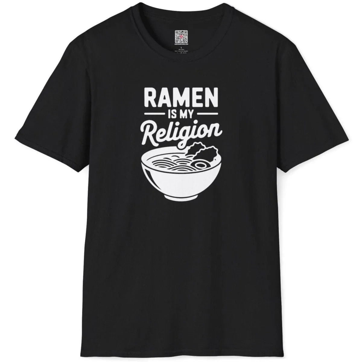 Black t-shirt flatlay with RAMEN IS MY Religion bold text and stylized ramen bowl, art t shirts, cultural pride.