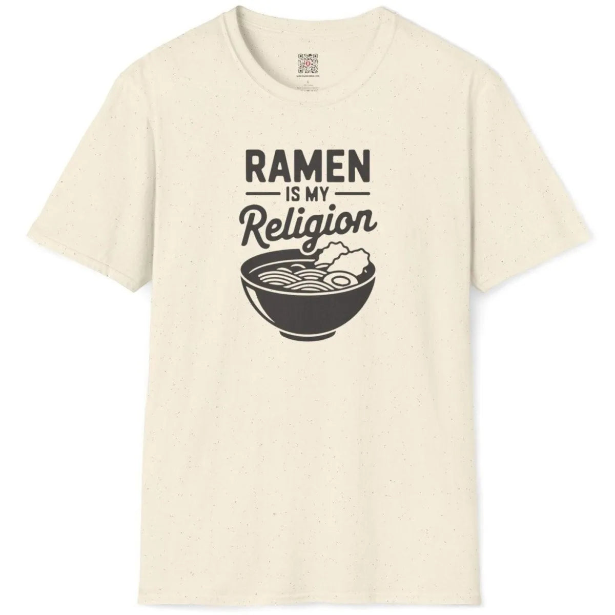Natural t-shirt flatlay with RAMEN IS MY Religion text, elegant script, and minimalist ramen bowl, modern chic.