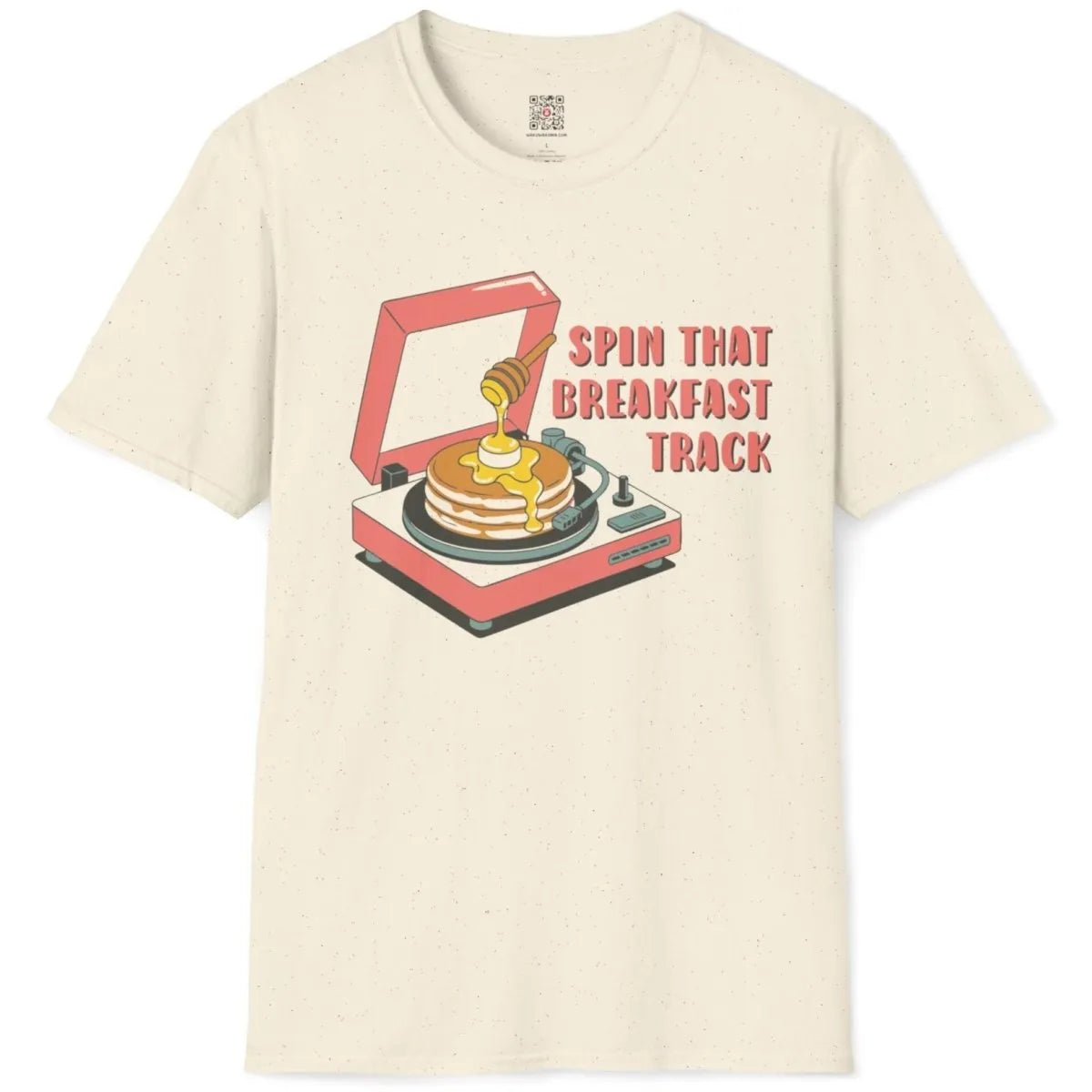 Natural flatlay t-shirt, cartoon record player, pancakes, and honey, bold modern text. sweetest escape
