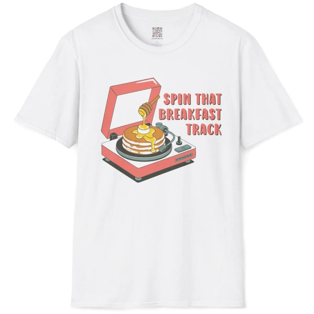 White flatlay t-shirt with playful pancake record player and honey, bold black text. pastel aesthetics