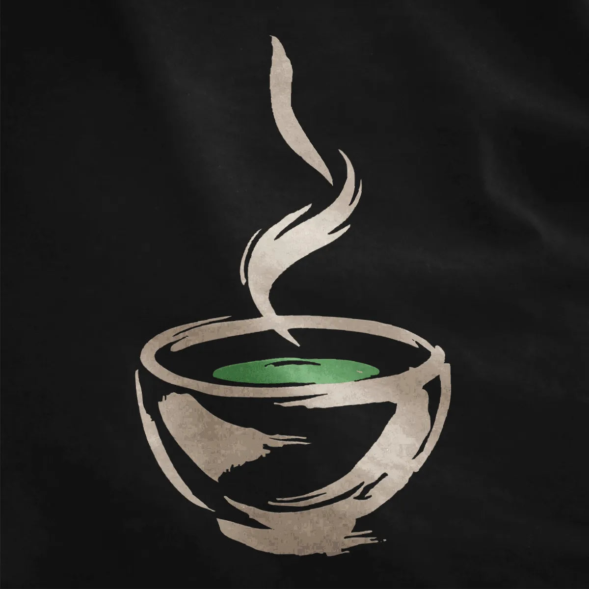 Black closeup of bold brushstroke bowl with green tea, rising steam, serene vibe. organic aesthetic