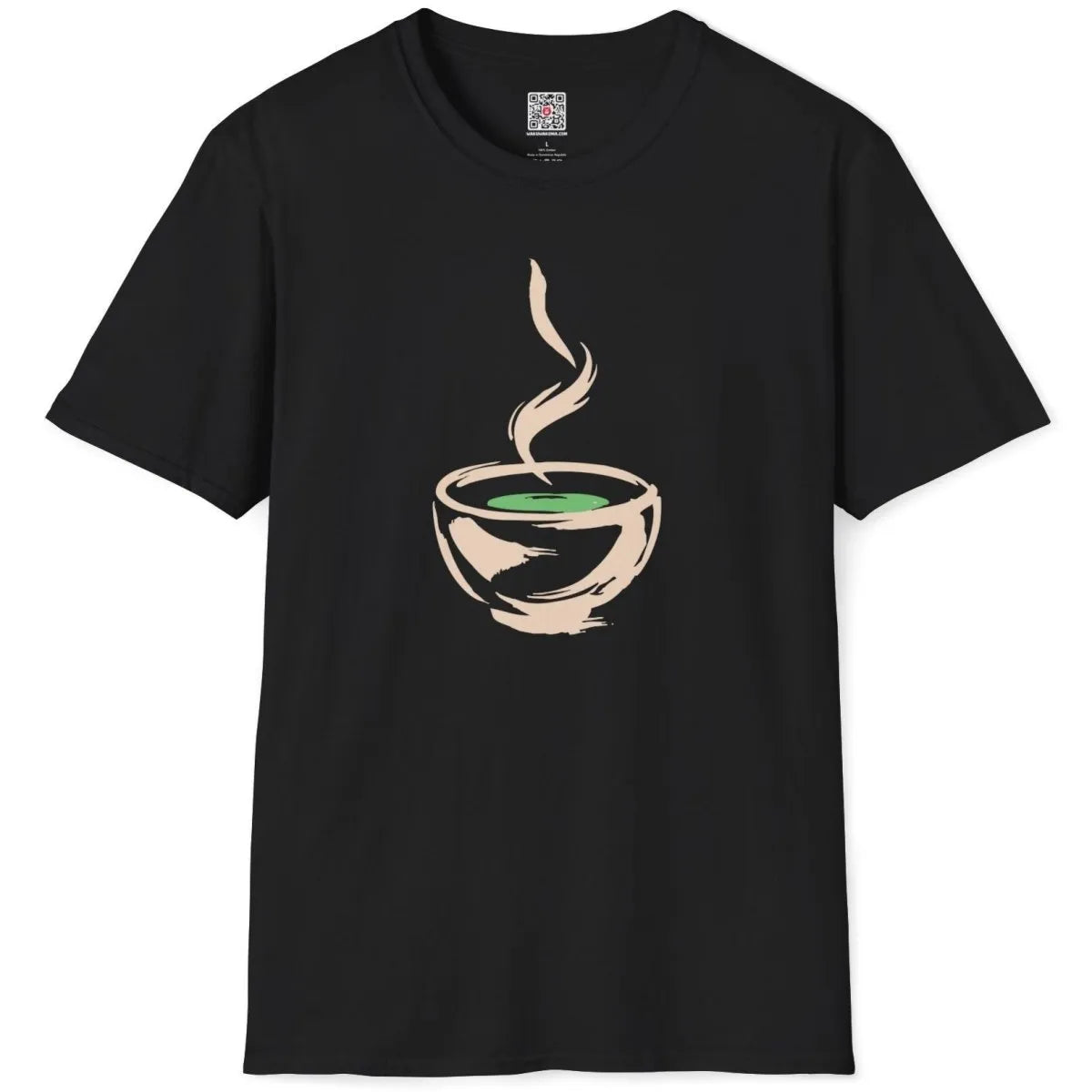 Black flatlay t-shirt, expressive ink bowl with green tea and steam, soothing composition. soulful design